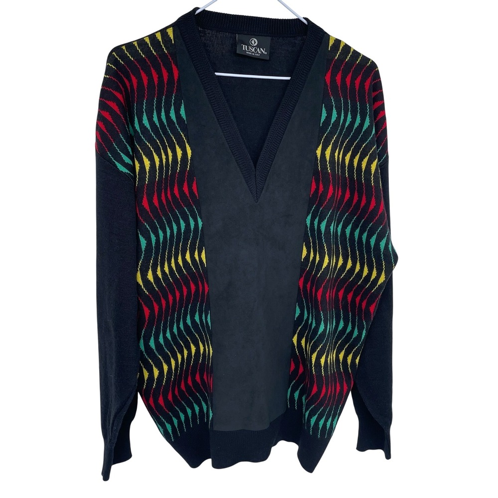 Vintage Tuscan Mens V Neck Sweater Colorful Squiggly Pattern Made in Italy‎ XL